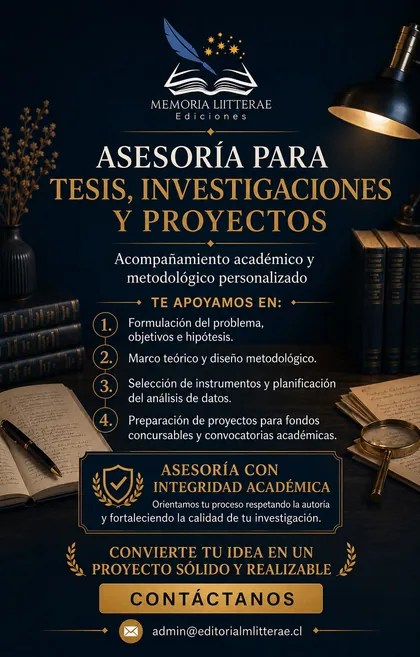 Afiche del servicio de asesoría para tesis, investigaciones y proyectos de Editorial Memoria Litterae